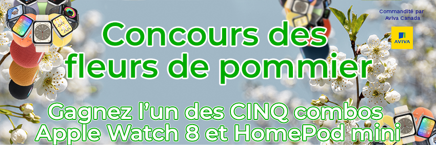 Concours Apple Blossoms 2023. Participez pour gagner l'un des cinq mini combos Apple Watch 8 et HomePod